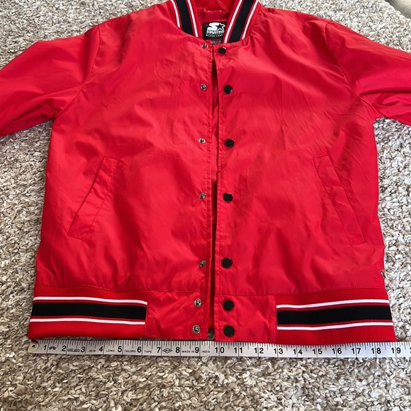 Starter Red Button Up Bomber Jacket with Stripe Sleeves, Waistband and Neck Sz M - Picture 9 of 10